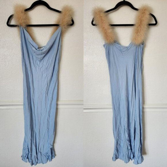 SLEEPER Voulez Vous Dancer Dress Small Baby Blue Slip Dress Feather Straps - Picture 2 of 12